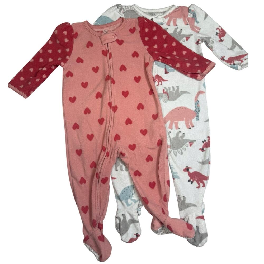 Carters Footie Sleeper PJs Girls Hearts Dinosaurs White Pink 12 Months